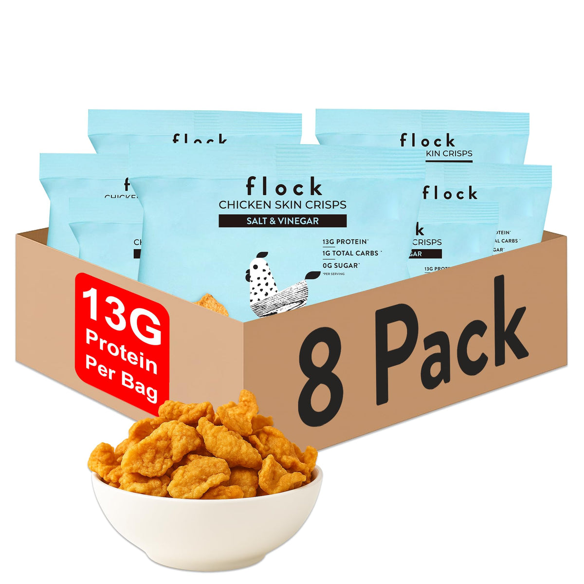 Flock Keto Chicken Skin Chips Salt & Vinegar pack close-up, high-protein, low-carb snack.