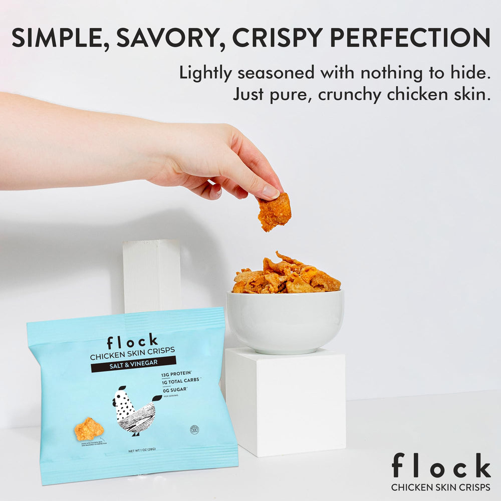 Flock Keto Chicken Skin Chips Salt & Vinegar on-the-go snack for quick protein.