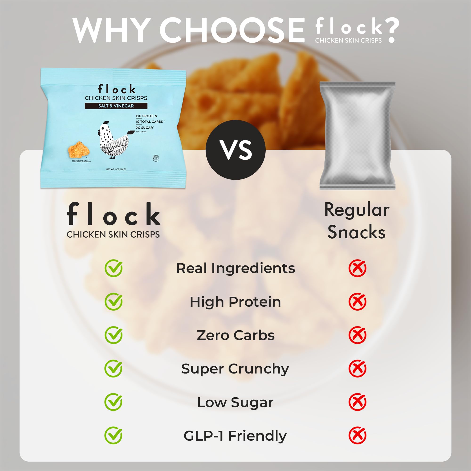 Flock Keto Chicken Skin Chips Salt & Vinegar texture close-up showing crisp bite.