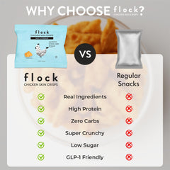 Flock Keto Chicken Skin Chips Salt & Vinegar texture close-up showing crisp bite.