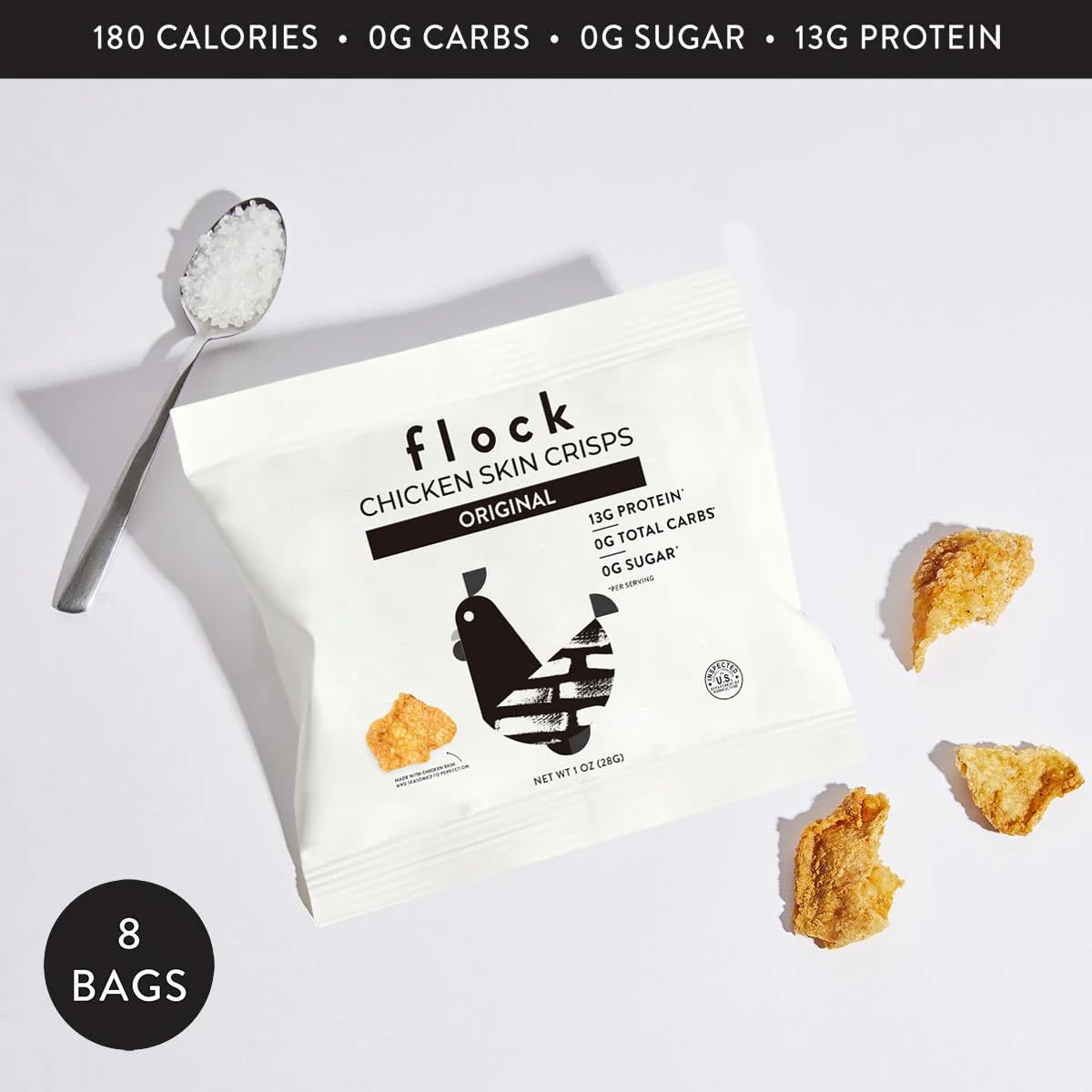Flock keto-friendly snack chicken skins showcases satisfying crunch without gluten.