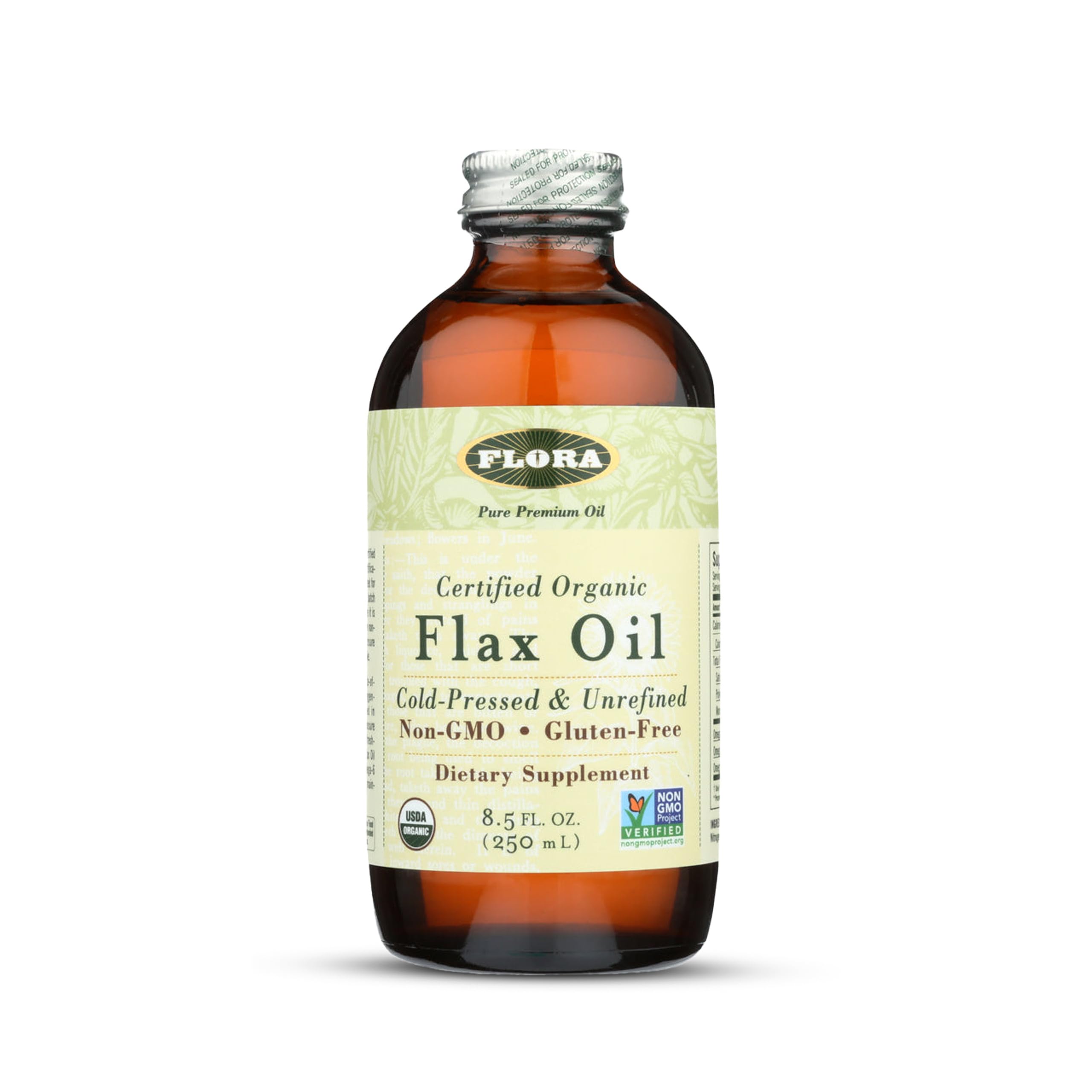 Flora flax oil bottle pour demonstrates smooth, cold-pressed omega-3 and omega-6 for daily nutrition