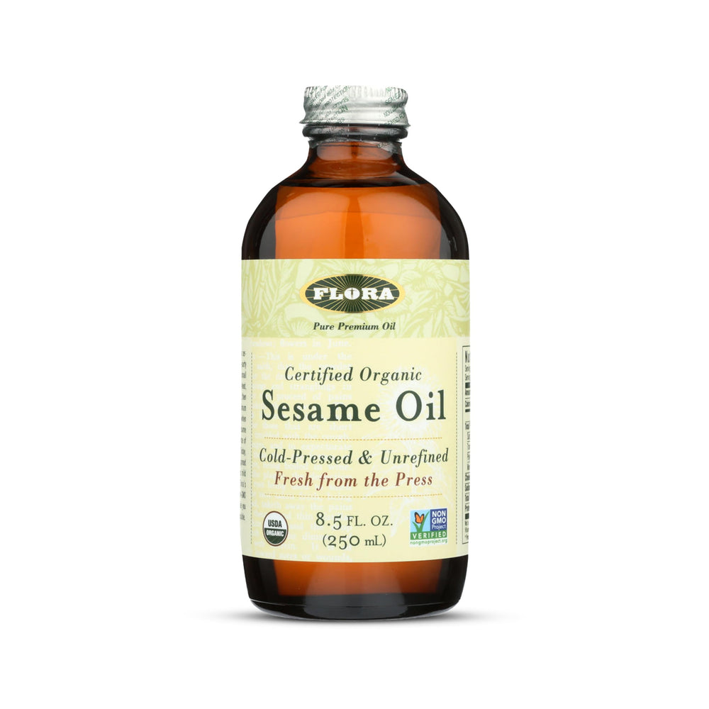 Flora sesame oil in an amber bottle ready for cooking