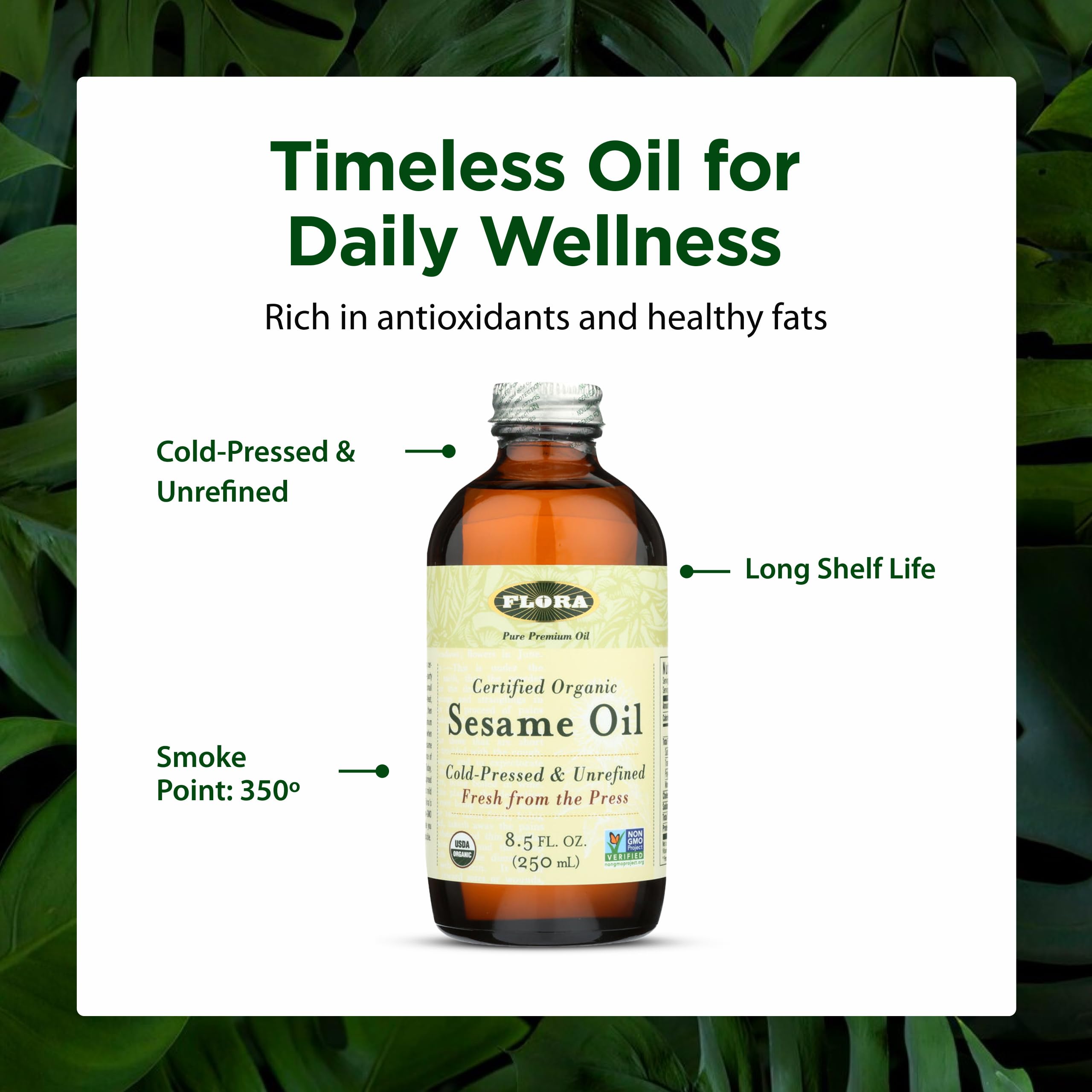 Dark glass Flora sesame oil bottle preserved for freshness on shelf