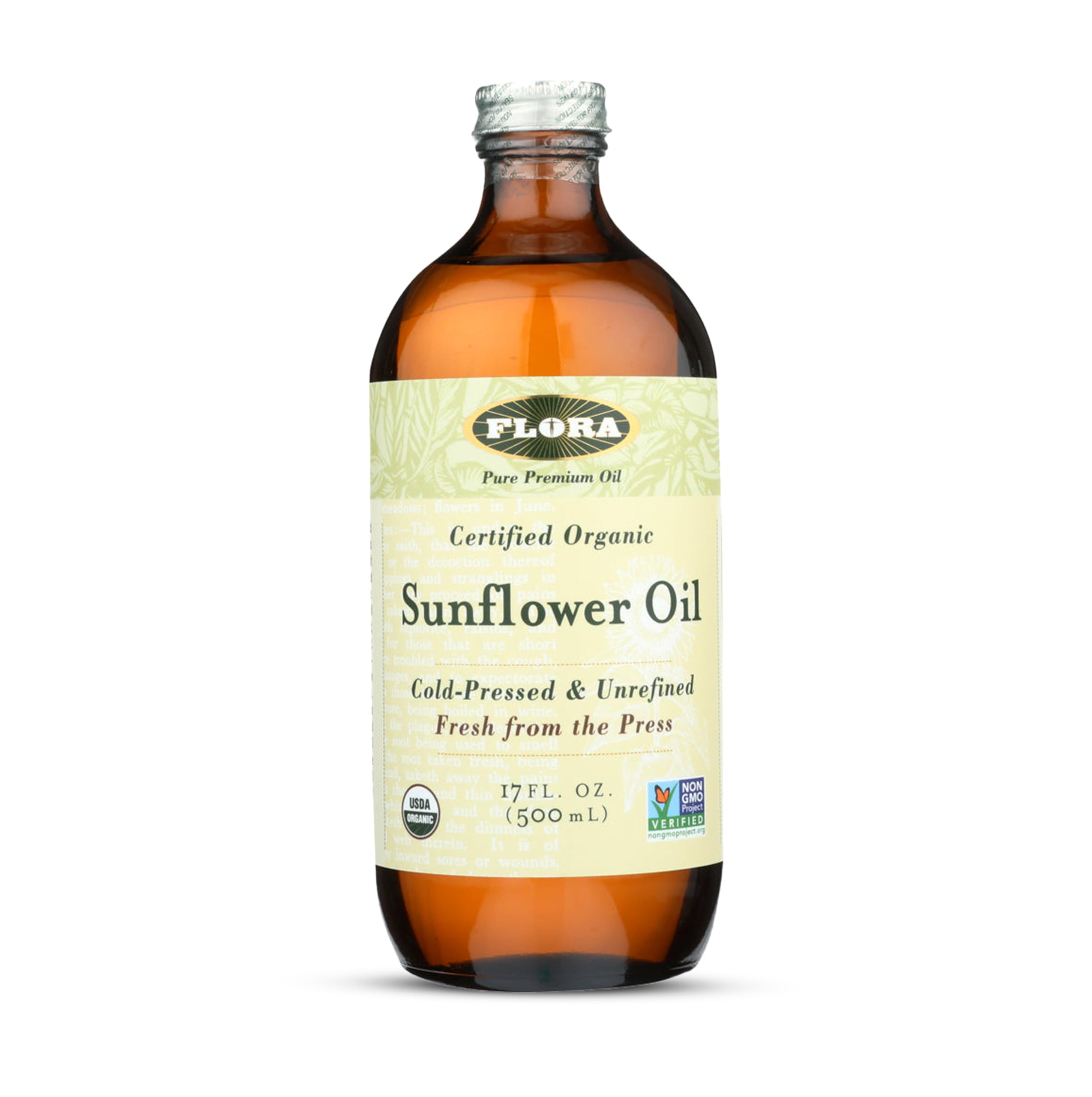 Flora Sunflower Oil bottle pouring, rich in EFAs for salad dressings and sautéing.