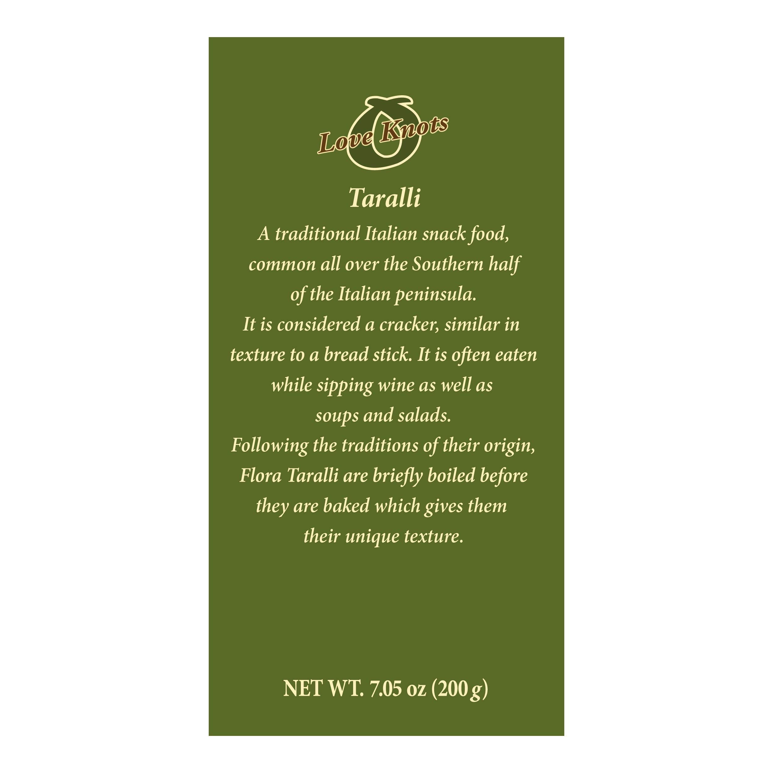 Flora Taralli no-preservatives-no-trans-fats align with simple ingredients.