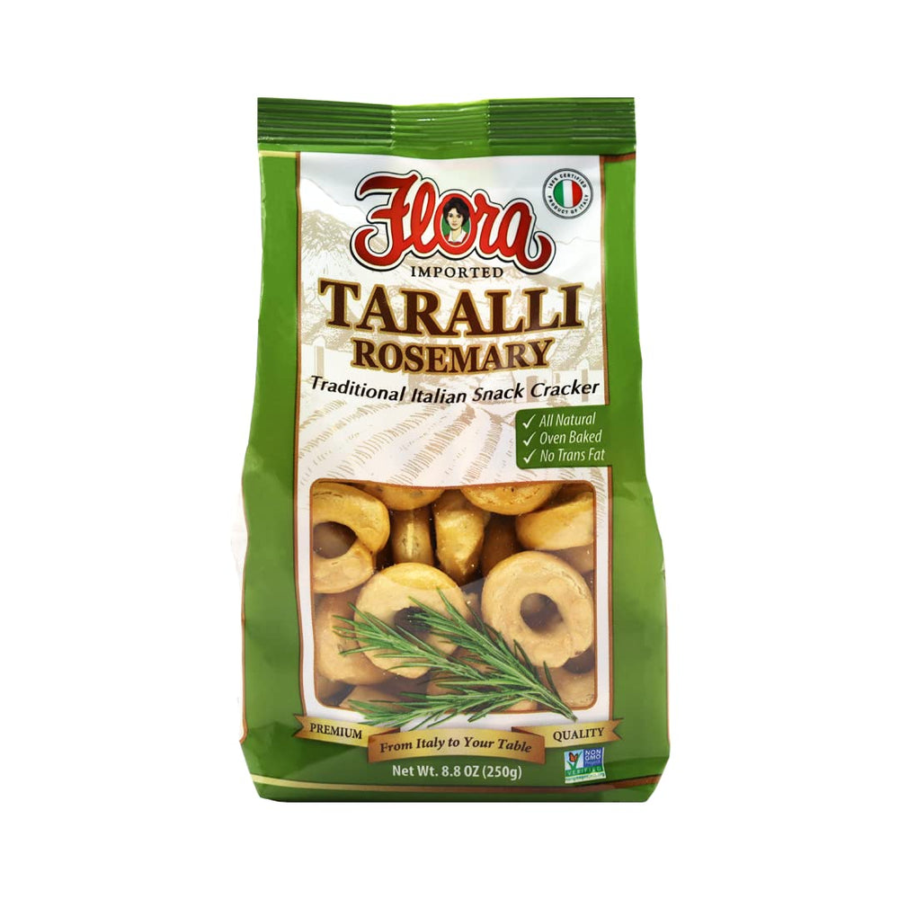 Flora Taralli Rosemary packaging on a rustic board, ideal for entertaining guests.