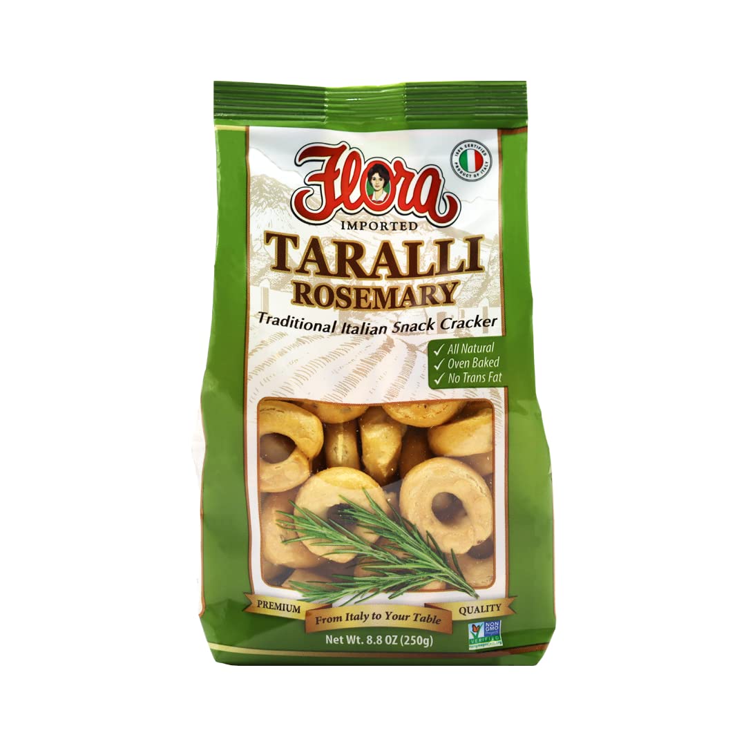Flora Taralli Rosemary packaging on a rustic board, ideal for entertaining guests.