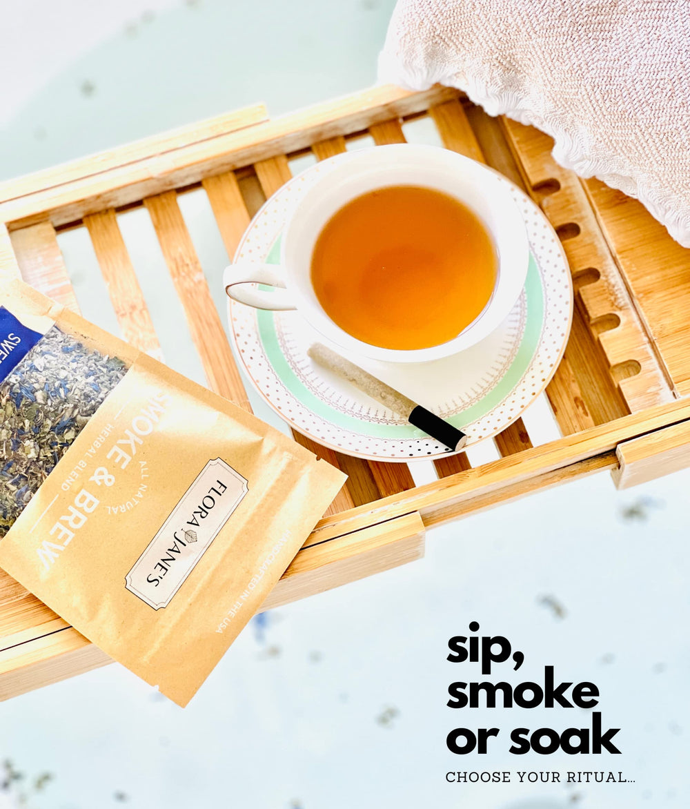 Flora Jane's Smoke Brew lavender chamomile flowers display.