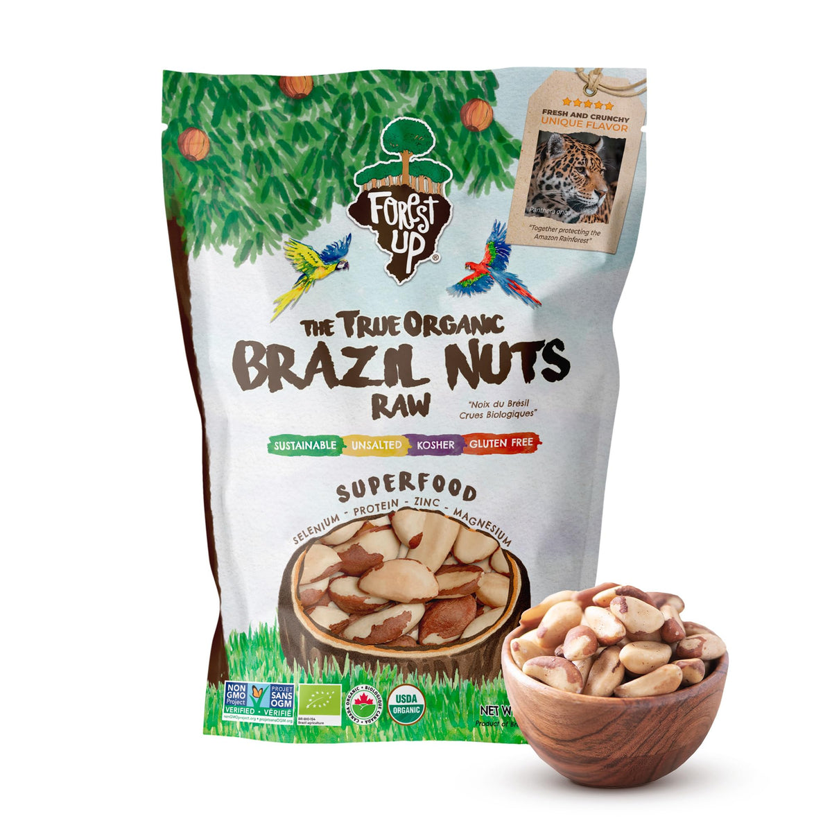 Floresta em Pé Brazil nuts 15oz, raw and unsalted, protein-rich snack.