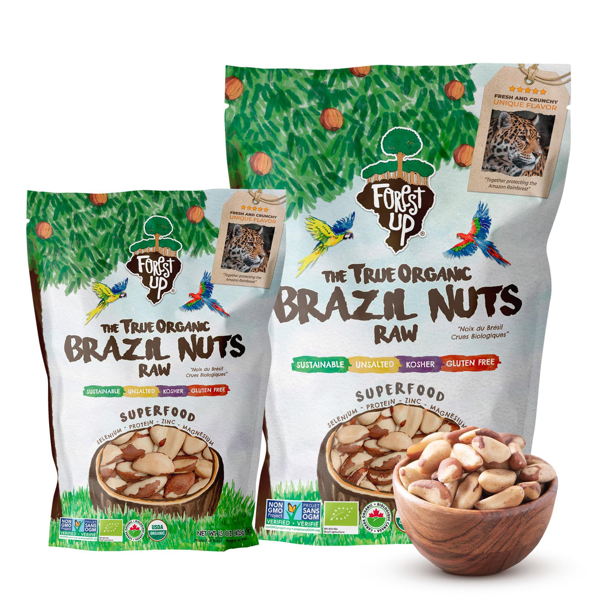 Floresta em Pé Brazil nuts package shows two snack-ready jars for on-the-go energy.