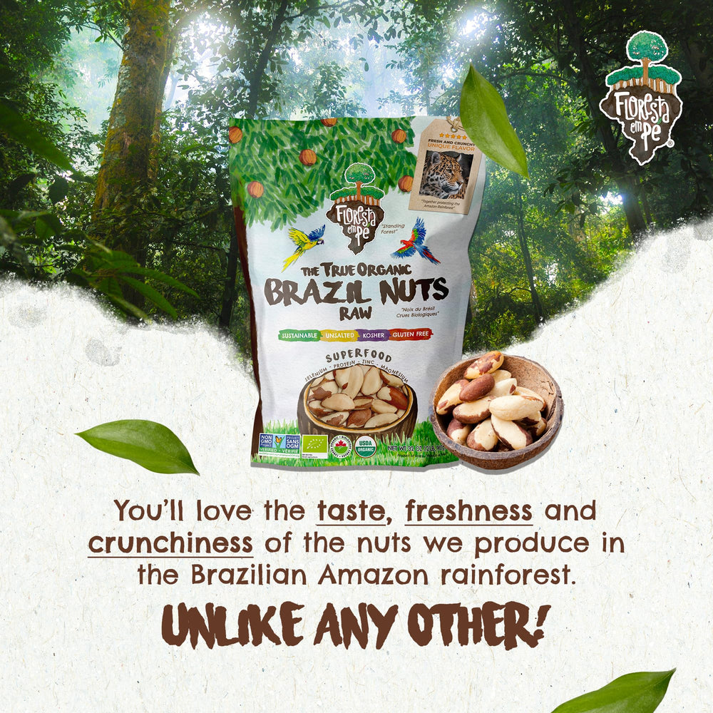 Floresta em Pé vegan label on Brazil nuts emphasizing plant-based protein.
