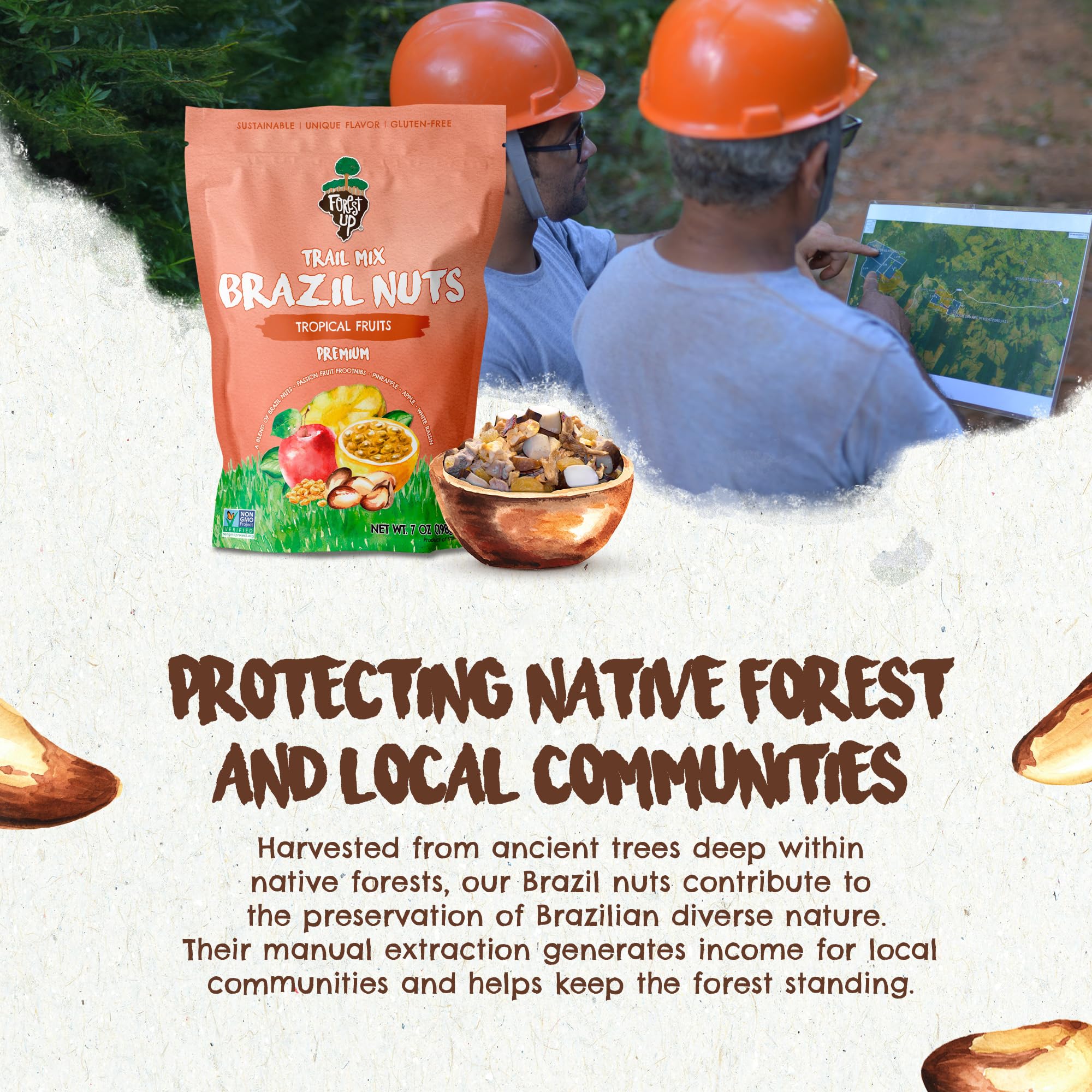 Floresta em Pé Tropical Trail Mix resealable packaging showing freshness