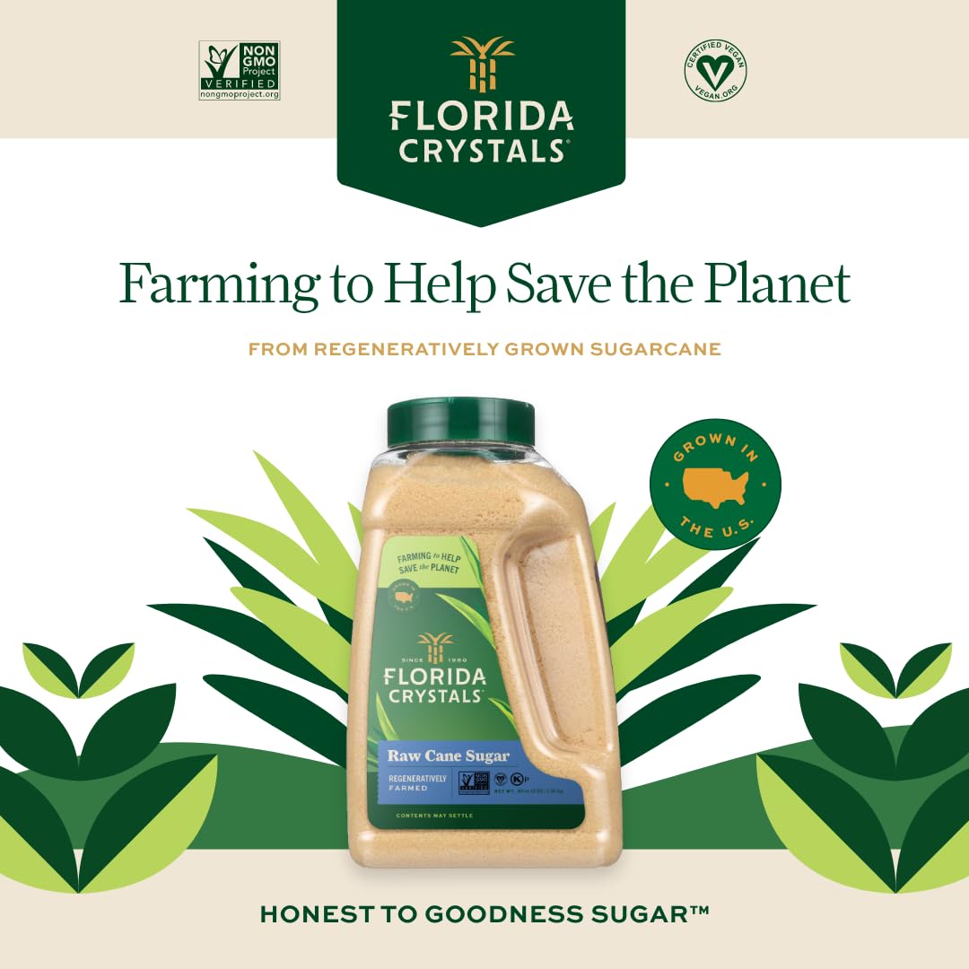 Florida Crystals raw sugar granules pouring, showing easy measurement for recipes.