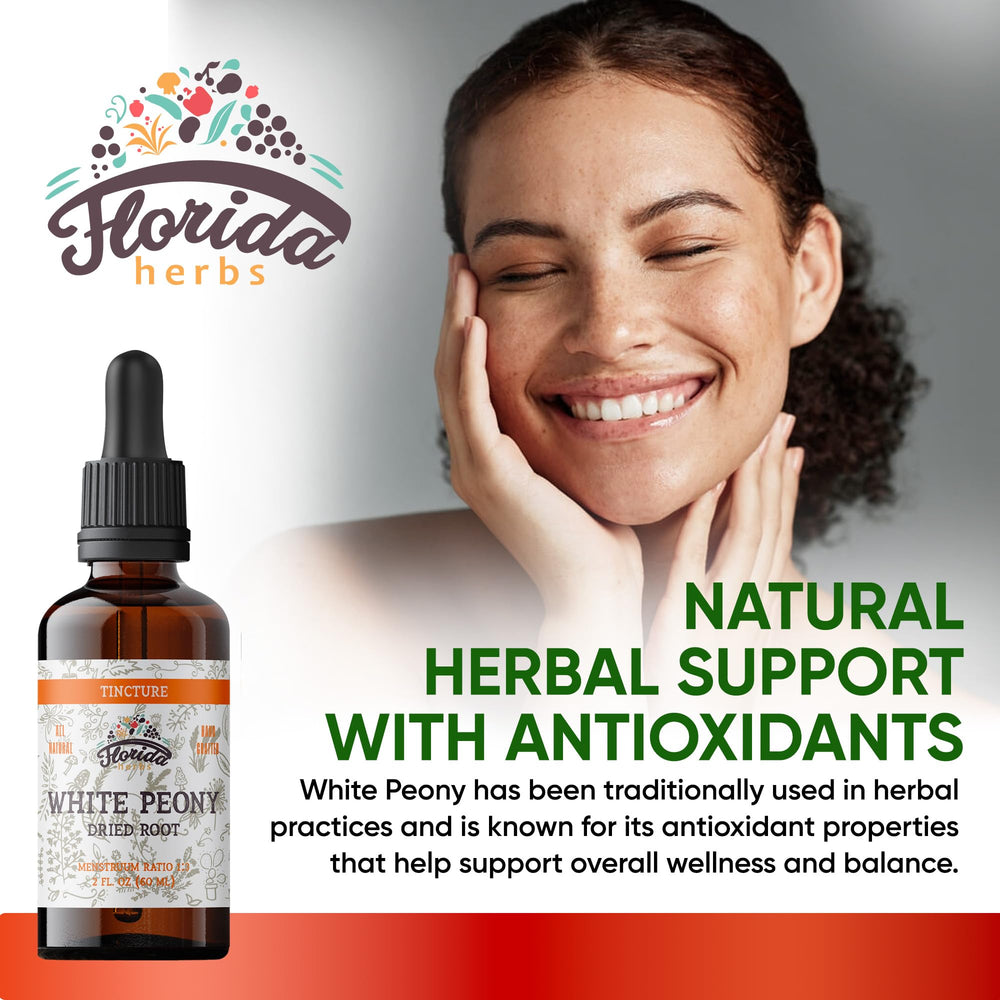 Close-up of Florida Herbs White Peony tincture dropper releasing precise servings.