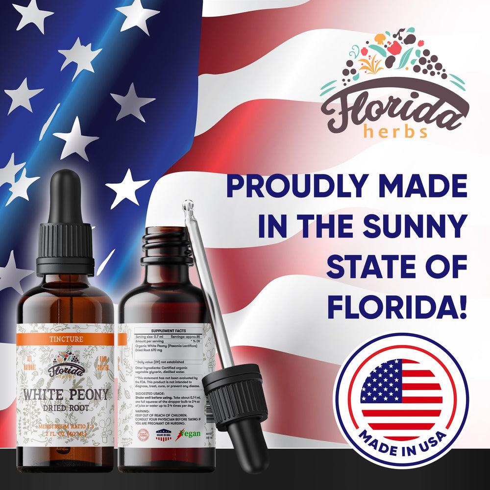 Florida Herbs White Peony tincture bottle against a clean backdrop, gluten-free and allergen-free.