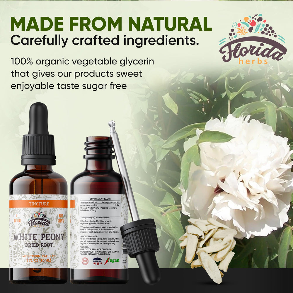 Florida Herbs White Peony tincture label highlights organic, non-GMO ingredients.