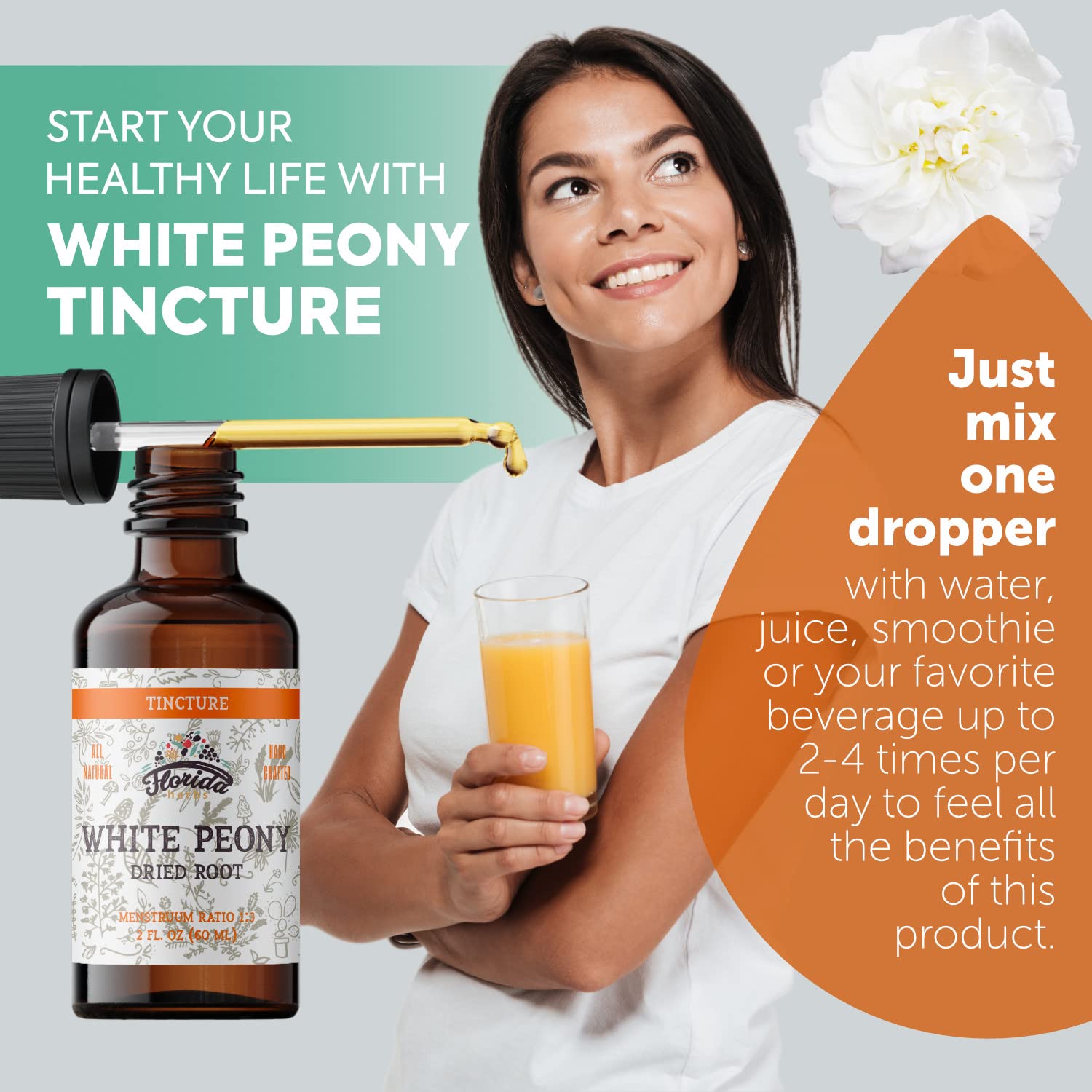 Florida Herbs White Peony tincture poured into tea for a gentle aroma.