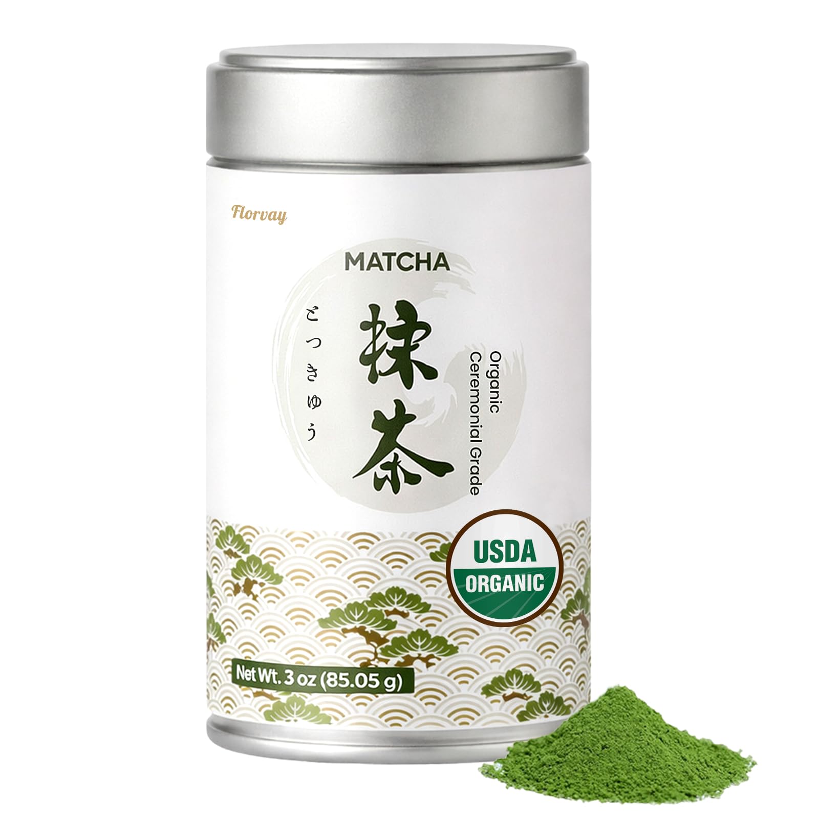 Florvay ceremonial matcha tin front view highlighting premium quality.