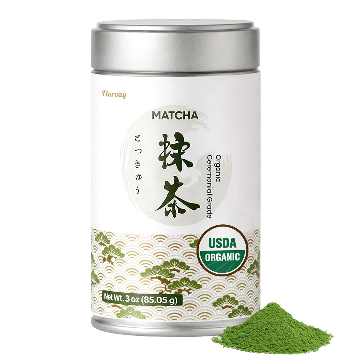 Florvay ceremonial matcha tin front view highlighting premium quality.