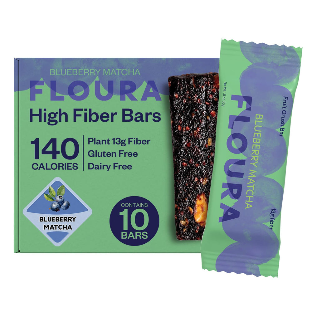 Floura Blueberry Matcha Bars pack shows vibrant fruit and seeds for a convenient high-fiber snack.