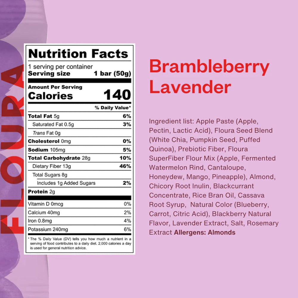 Floura Brambleberry Lavender bar closeup texture shows juicy fruit bits for on-the-go snacking