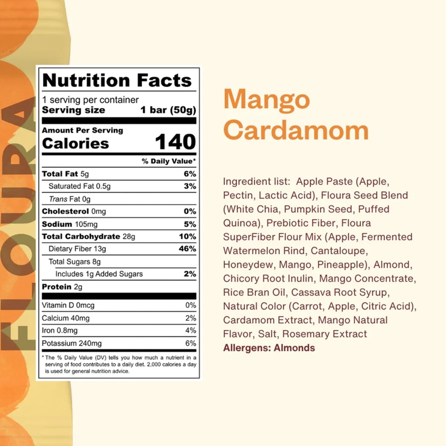 Floura Mango Cardamom bar close-up with mango and cardamom, ideal for breakfast
