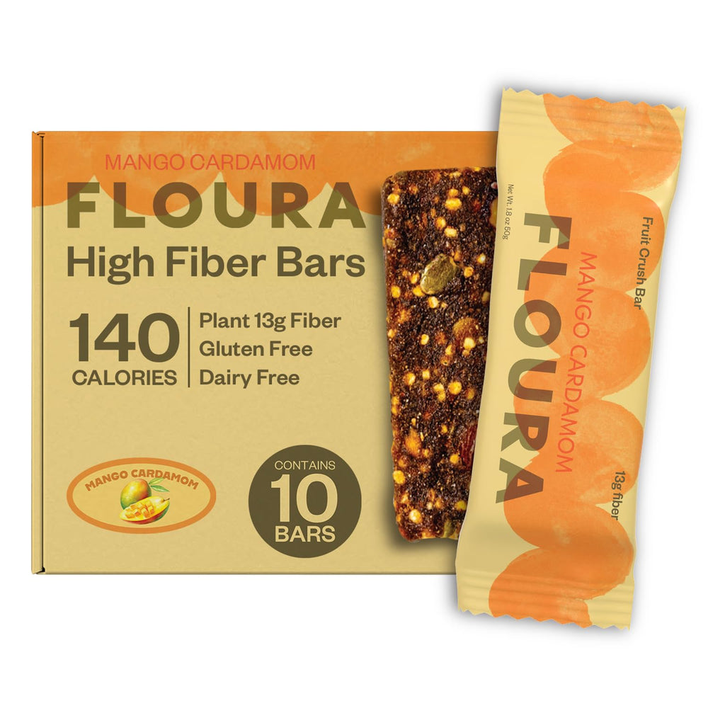 Floura Mango Cardamom bar with fruit pieces, a fiber-rich on-the-go snack