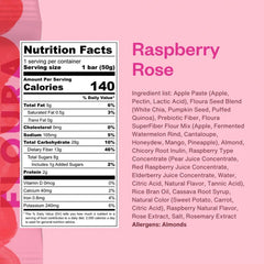 Close-up of Floura Raspberry Rose bar showing texture and fiber-rich bite.