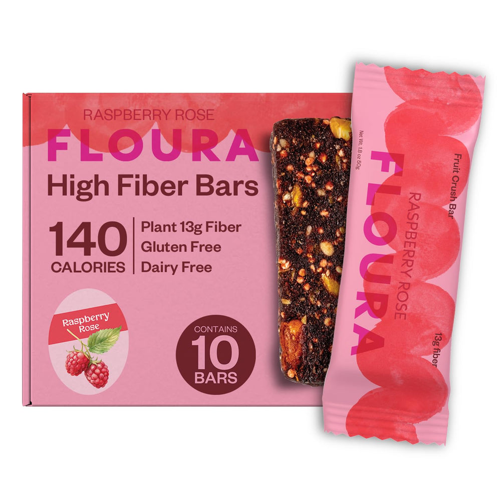 Floura Raspberry Rose bars packaging front for a convenient, fruit-forward snack.