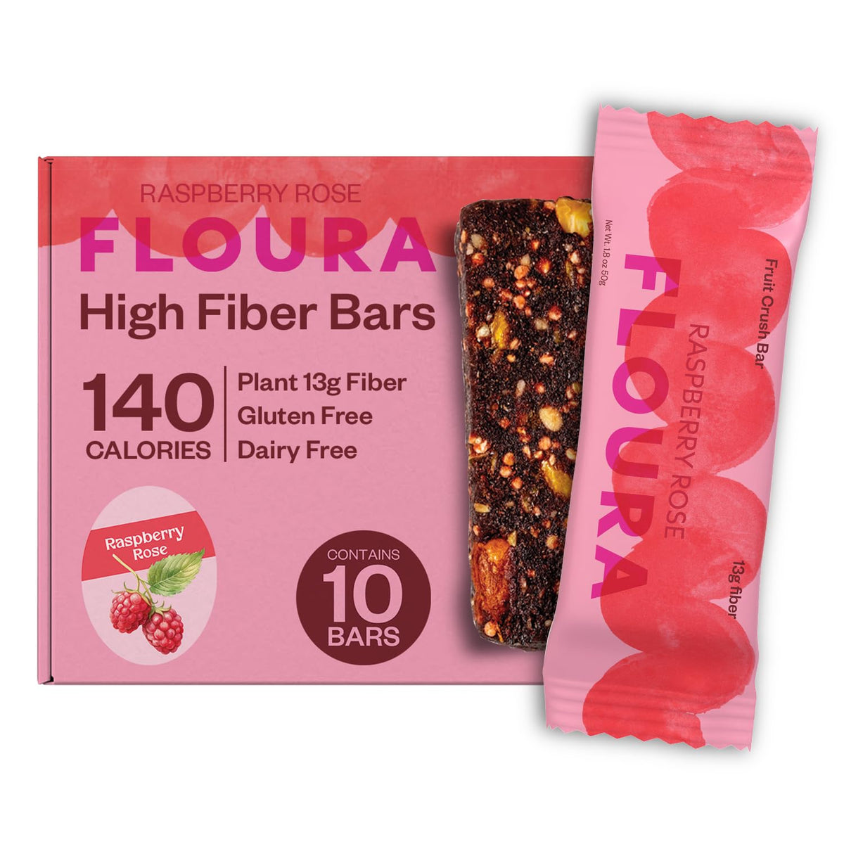 Floura Raspberry Rose bars packaging front for a convenient, fruit-forward snack.