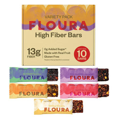 Floura variety-pack with fruit-forward bars shown in a box for on-the-go snacking