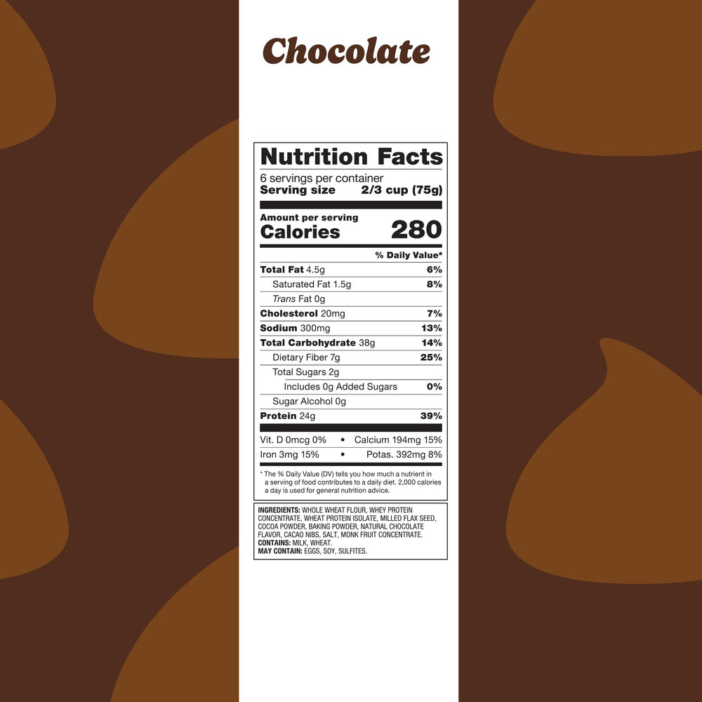 Flourish chocolate pancakes stack showing fluffy, high-protein breakfast option.