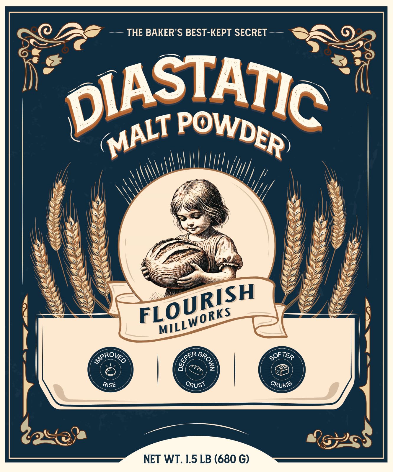 Flourish Millworks Diastatic Malt Powder bottle ready for baking, promotes even browning.