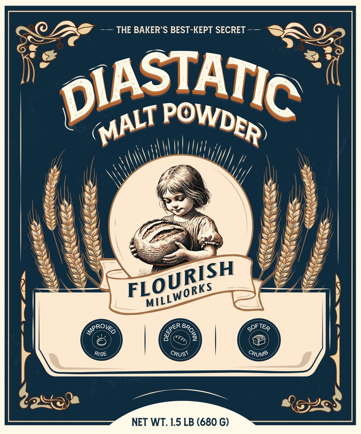 Flourish Millworks Diastatic Malt Powder bottle ready for baking, promotes even browning.