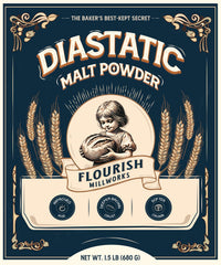 Flourish Millworks Diastatic Malt Powder bottle ready for baking, promotes even browning.