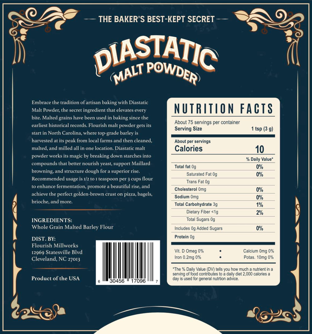 Flourish Millworks Diastatic Malt Powder bottle pouring for precise measurement.