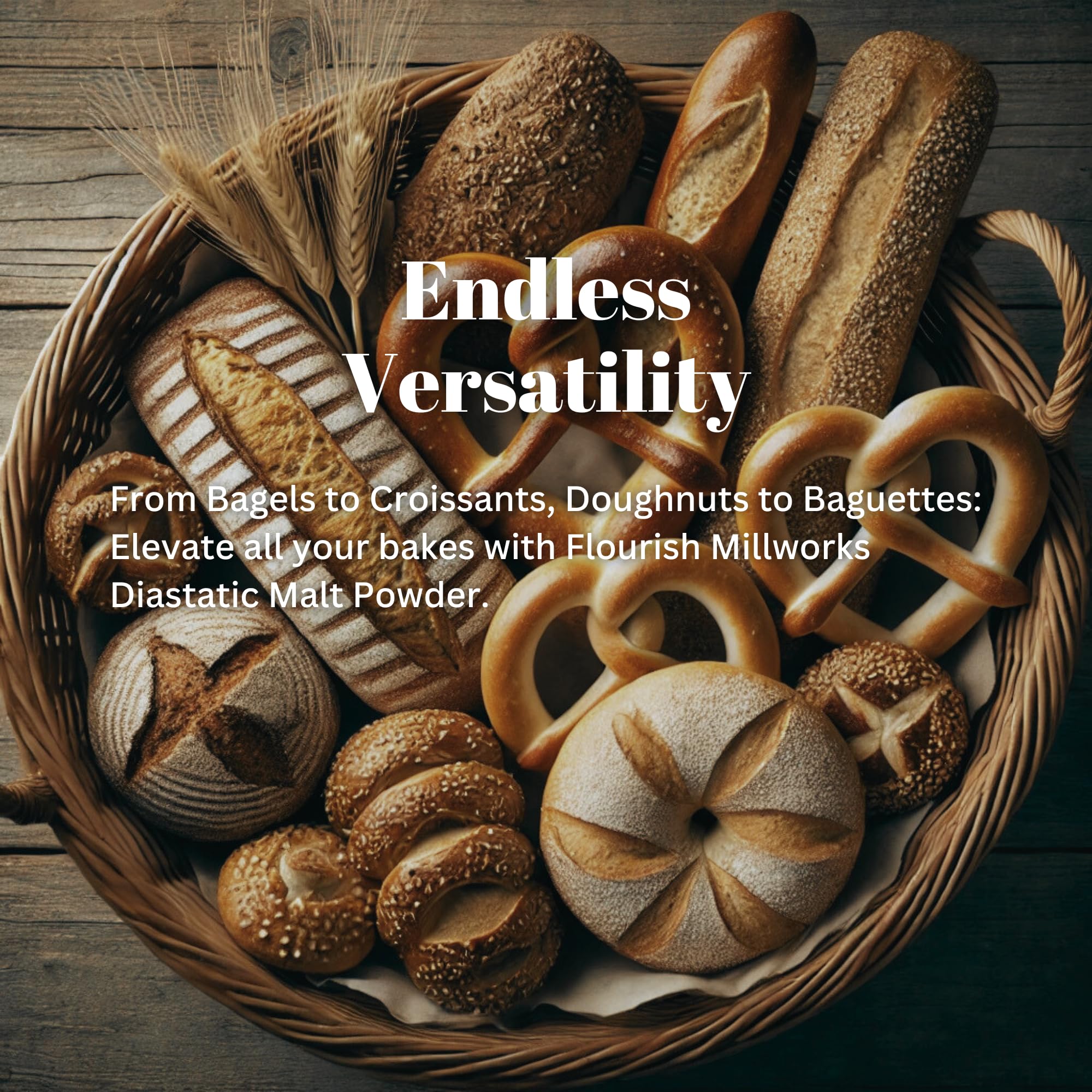 Flourish Millworks Diastatic Malt Powder aiding dough rise in various recipes.