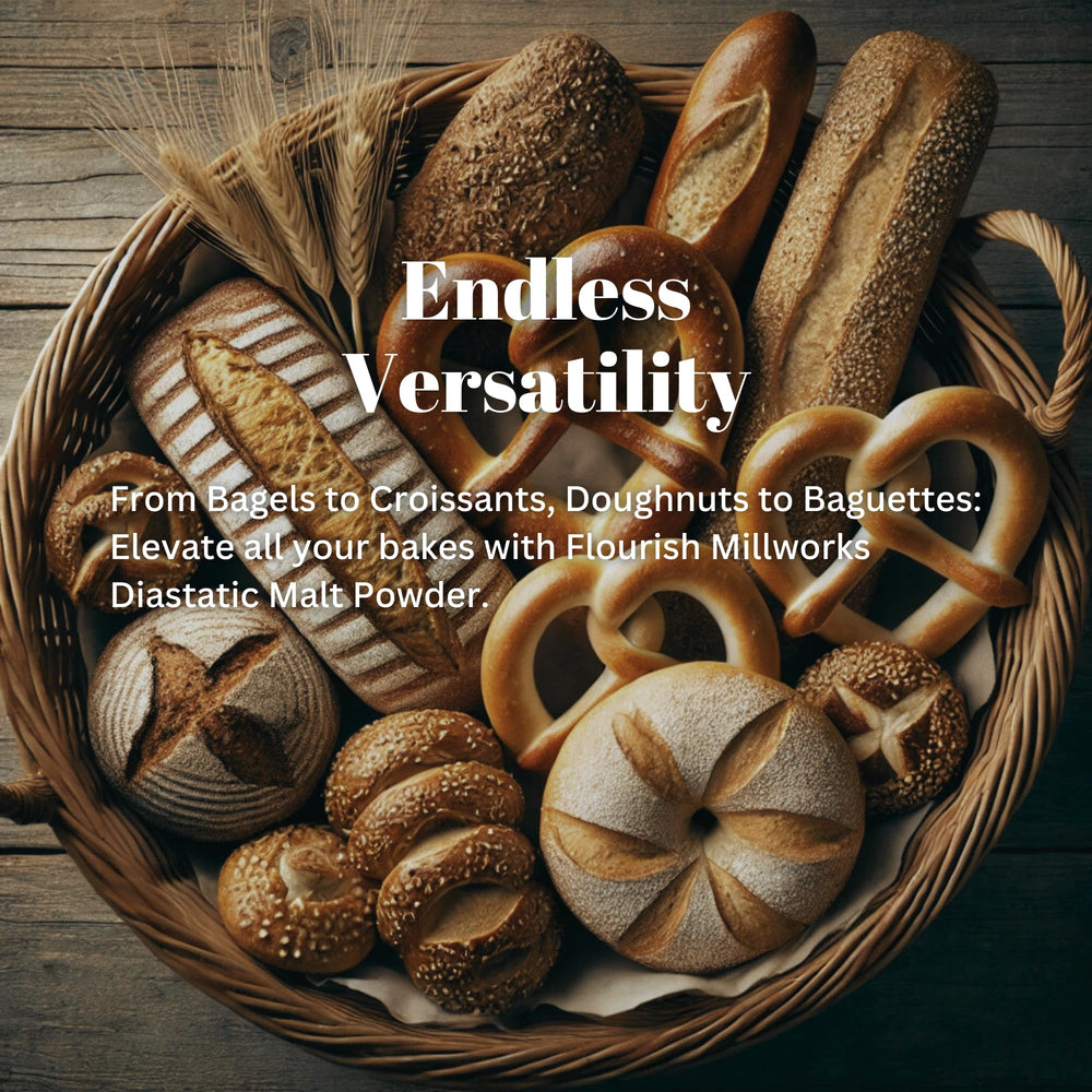 Flourish Millworks Diastatic Malt Powder aiding dough rise in various recipes.
