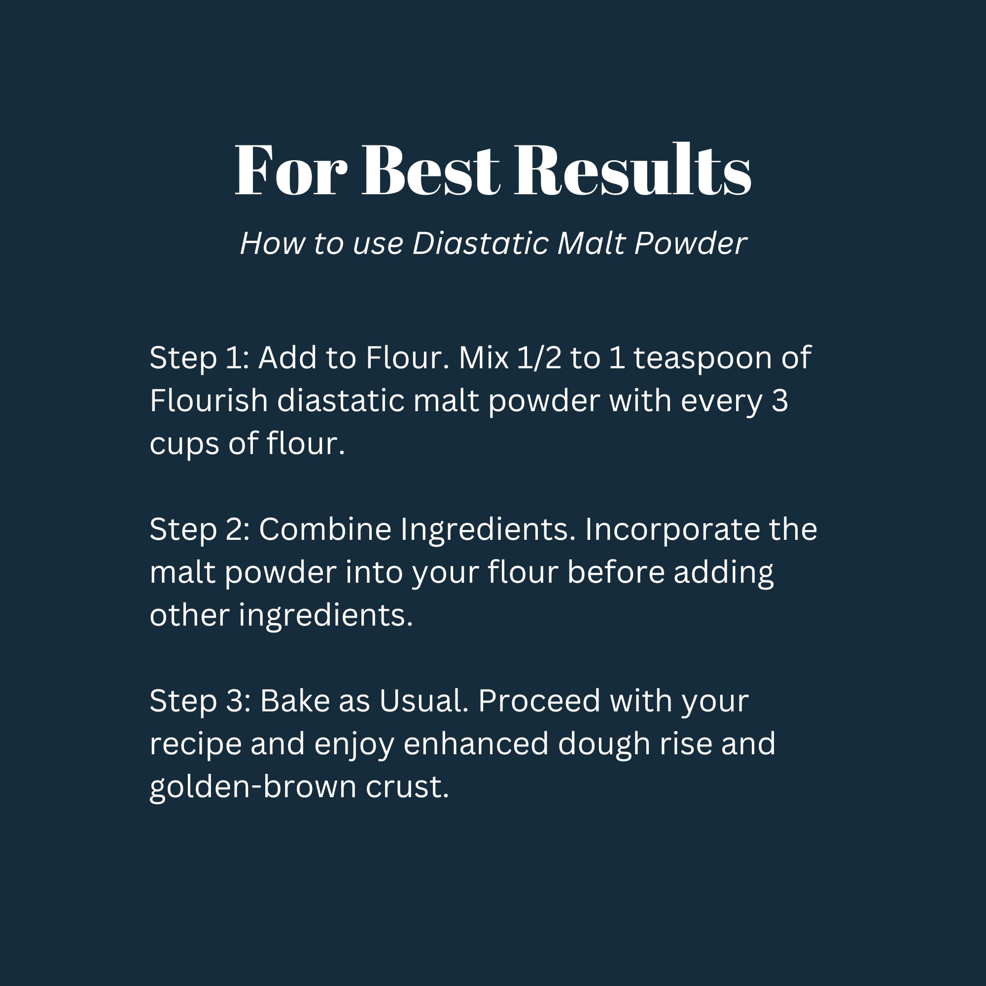 Flourish Millworks malt powder graphic illustrates 100% malted barley ingredients.