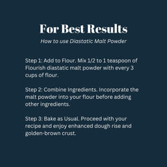Flourish Millworks malt powder graphic illustrates 100% malted barley ingredients.