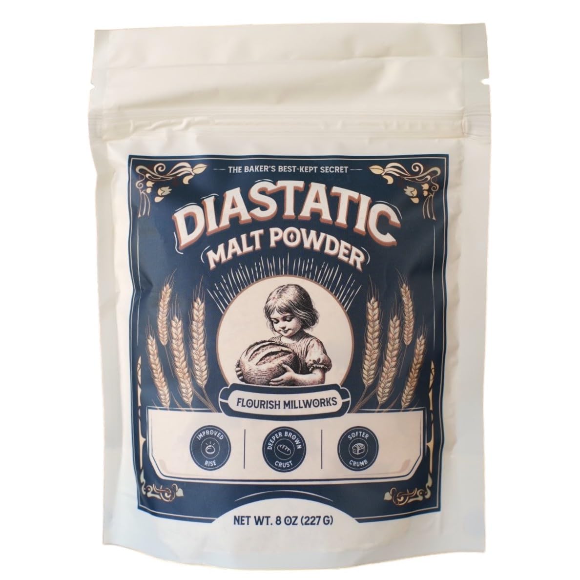 Flourish Millworks Diastatic Malt Powder packaging shows 8oz jar for premium baking.