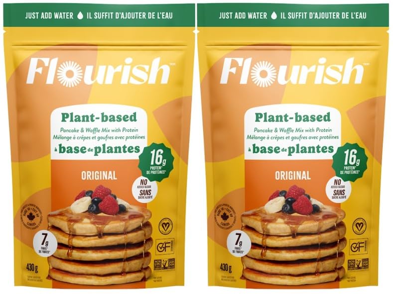 Flourish Original pancake mix box front showing gluten-free vegan option