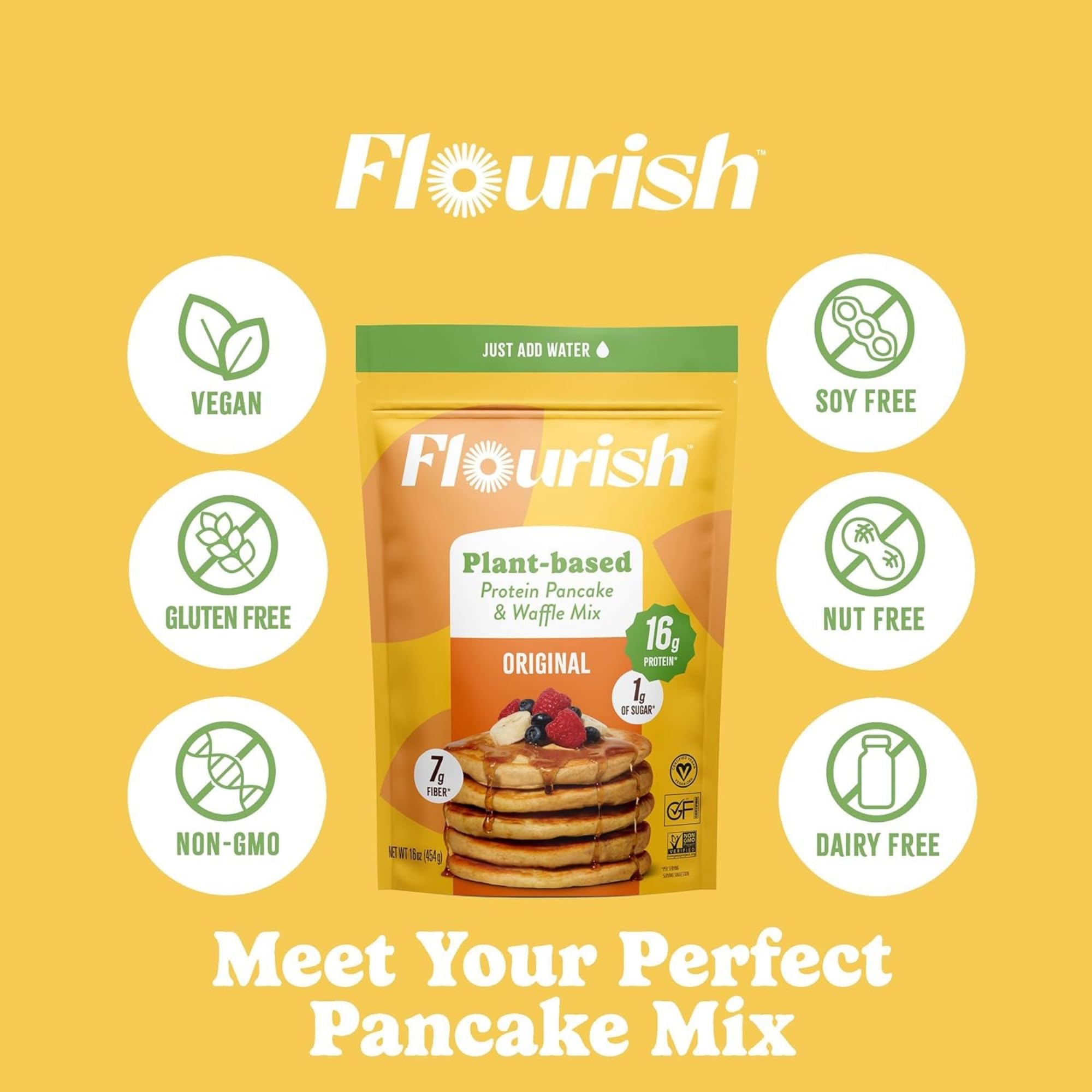 Stack of Flourish pancakes plated with berries, highlighting protein and fiber