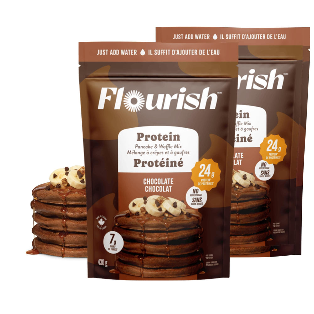 Flourish Protein Pancake Mix chocolate packaging highlights a high-protein breakfast option.