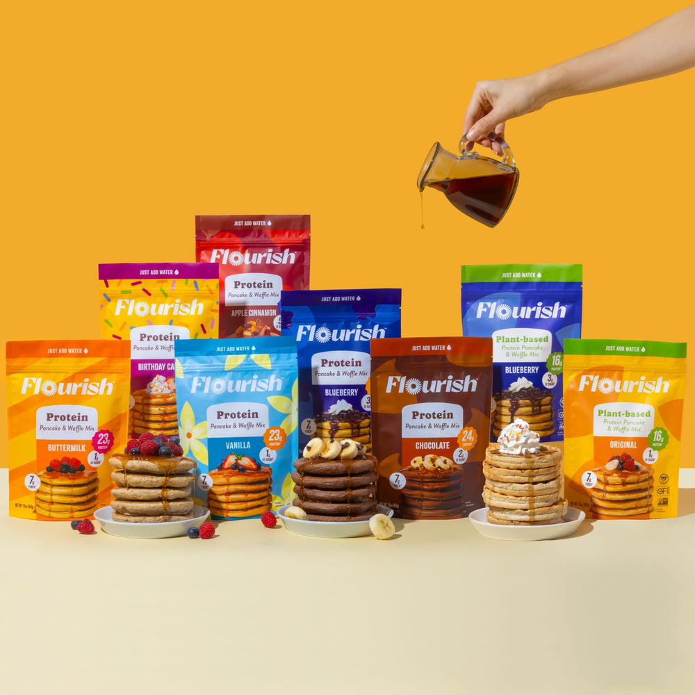 Flourish served with fruit and syrup suggests a balanced, satisfying protein serving.