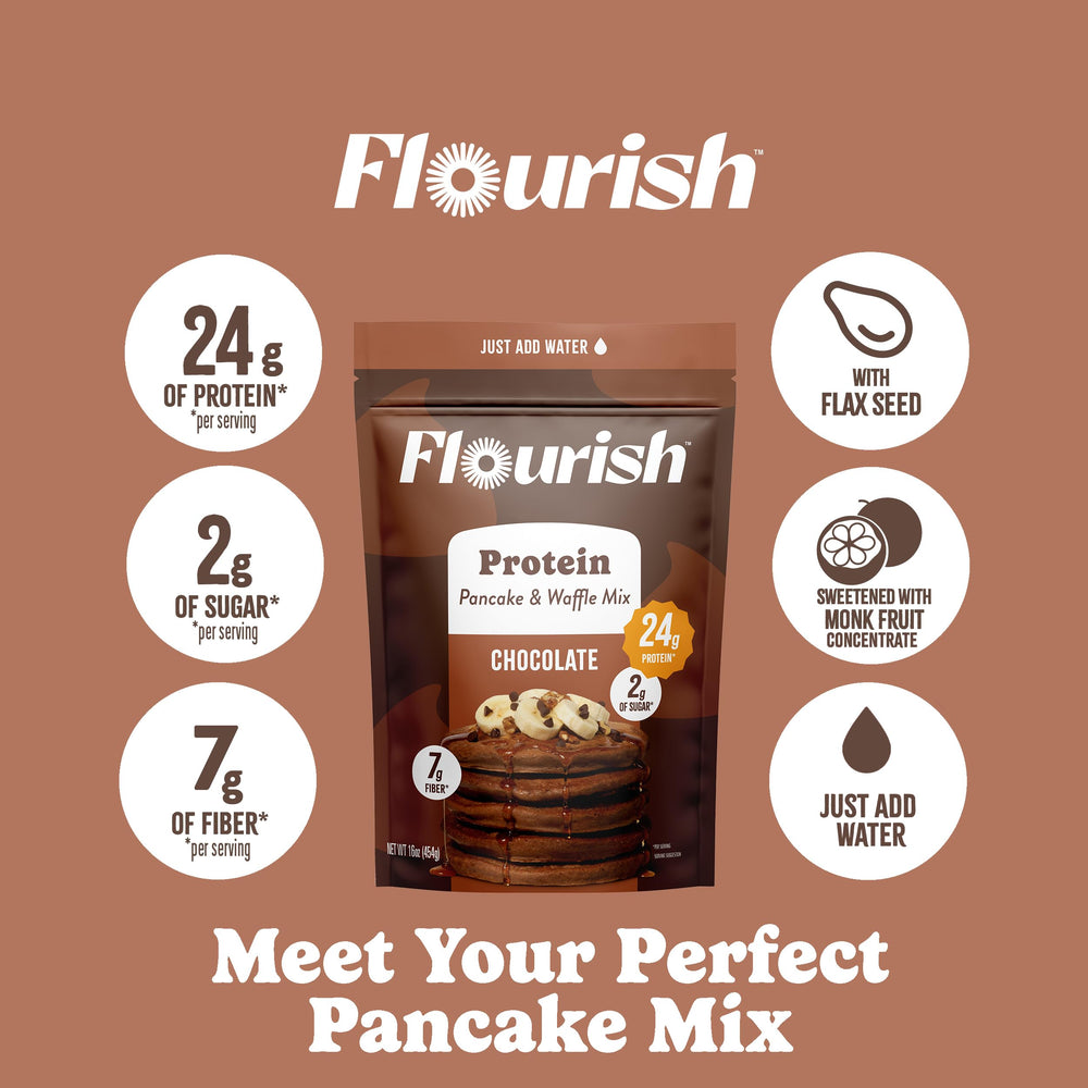 Flourish whey protein flax seeds ingredients close-up emphasizing protein and fiber.