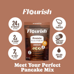 Flourish whey protein flax seeds ingredients close-up emphasizing protein and fiber.