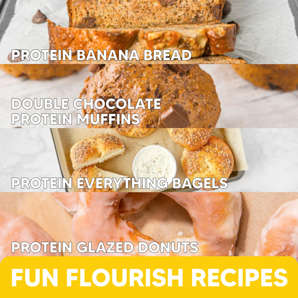 Close-up of Flourish mix with whey protein isolate and flax seeds.