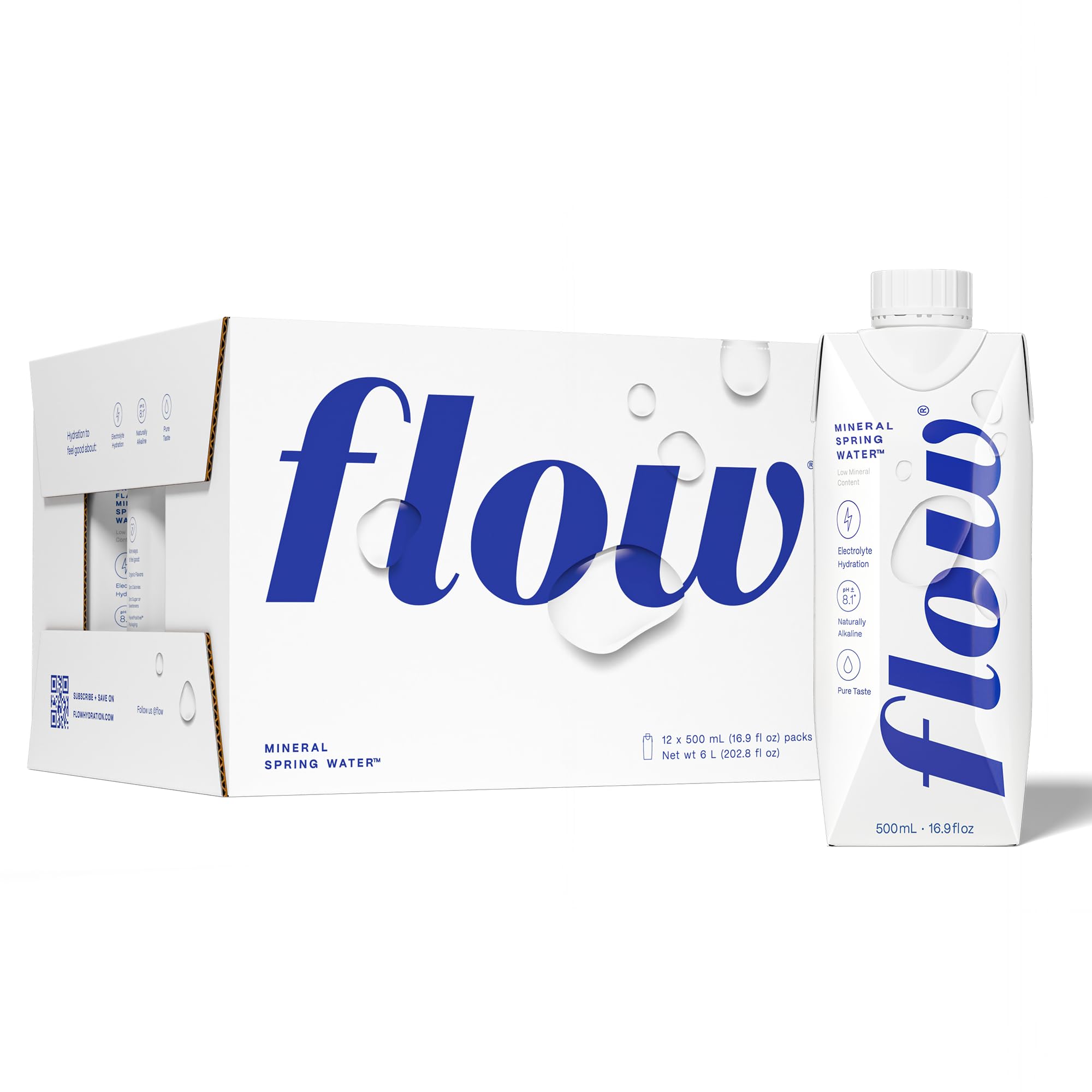 Flow alkaline spring water bottle on a clean surface, refreshing hydration for daily routines.